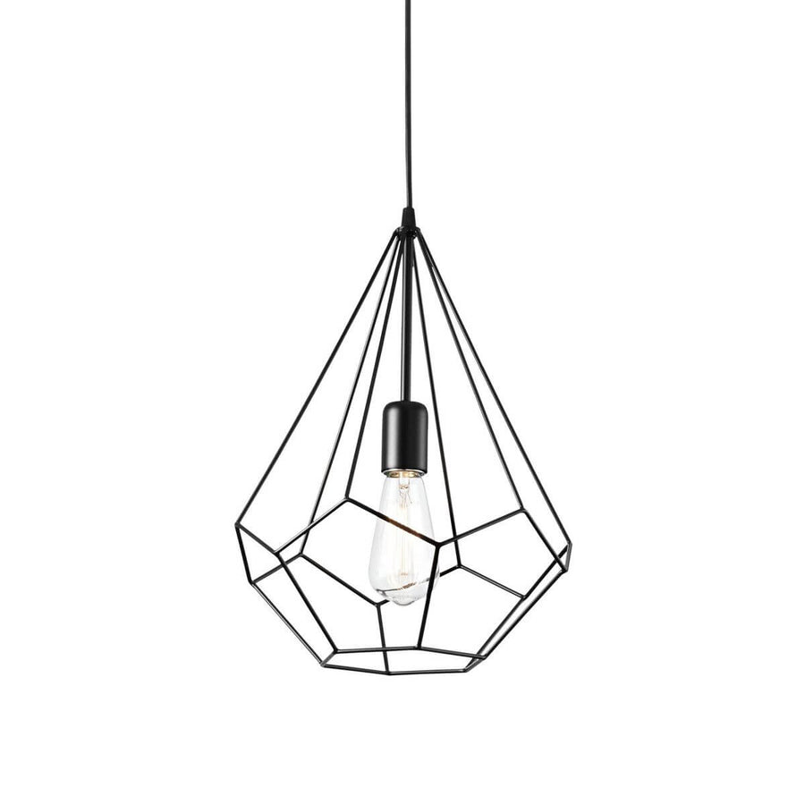 Suspension noire en cage métallique géométrique sur fond blanc, produit vu de face