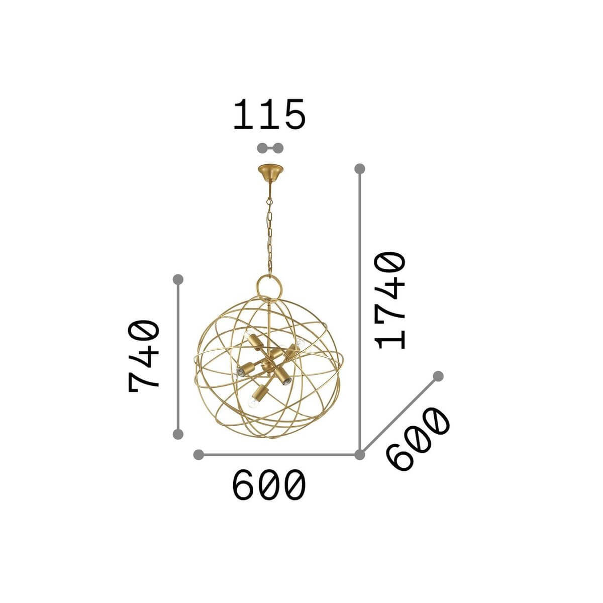 Schéma de dimensions avec hauteur totale, hauteur du globe et diamètre.
