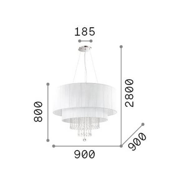 Schéma de dimensions cotées du luminaire, avec largeur, hauteur totale et hauteur de l'abat-jour