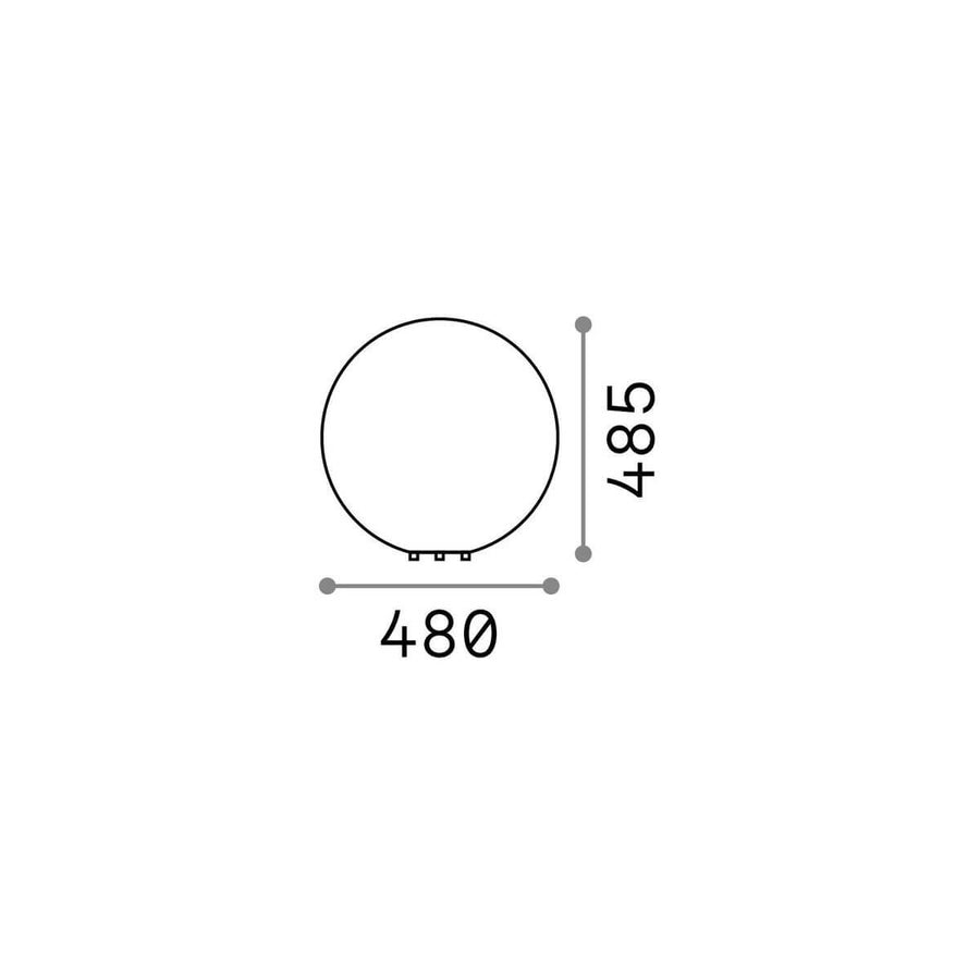 Schéma coté de la sphère : diamètre 480 mm et hauteur 485 mm indiqués