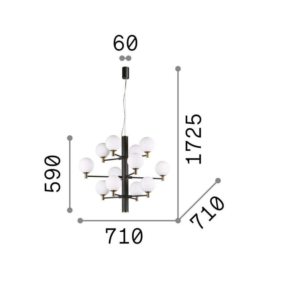 Schéma coté indiquant hauteur 1725 mm, largeur 710 mm et diamètre des globes 60 mm.