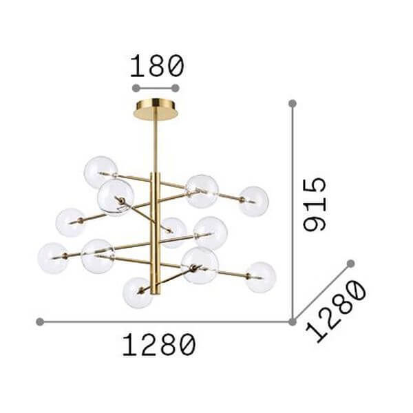 Schéma coté du luminaire avec hauteur, largeur et rosace, variante dorée