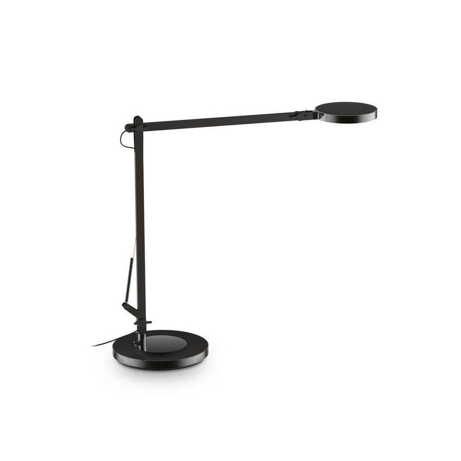 Lampe de bureau noire articulée, tête ronde plate, vue de profil sur fond blanc