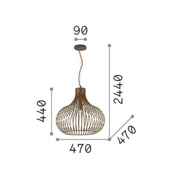 Schéma coté du luminaire avec diamètre, hauteur et câble de suspension