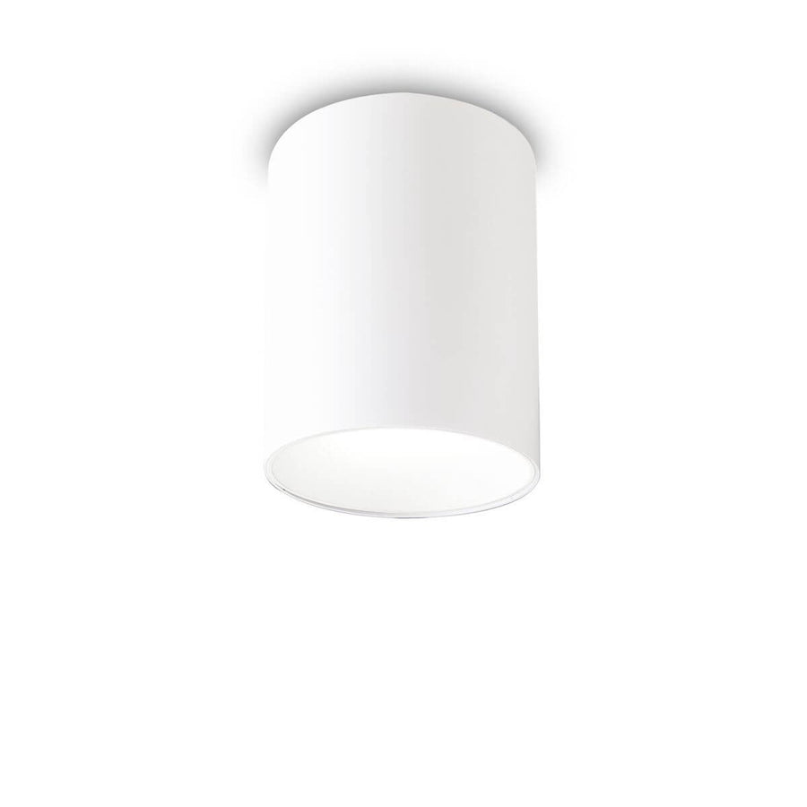 Plafonnier cylindrique blanc vu de face, diffuseur lumineux orienté vers le bas
