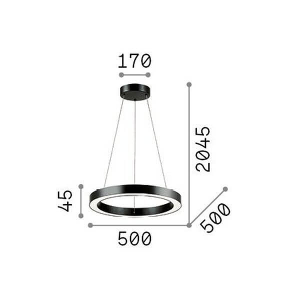 Schéma coté de la suspension, diamètre 500 mm, hauteur 2045 mm et épaisseur 45 mm