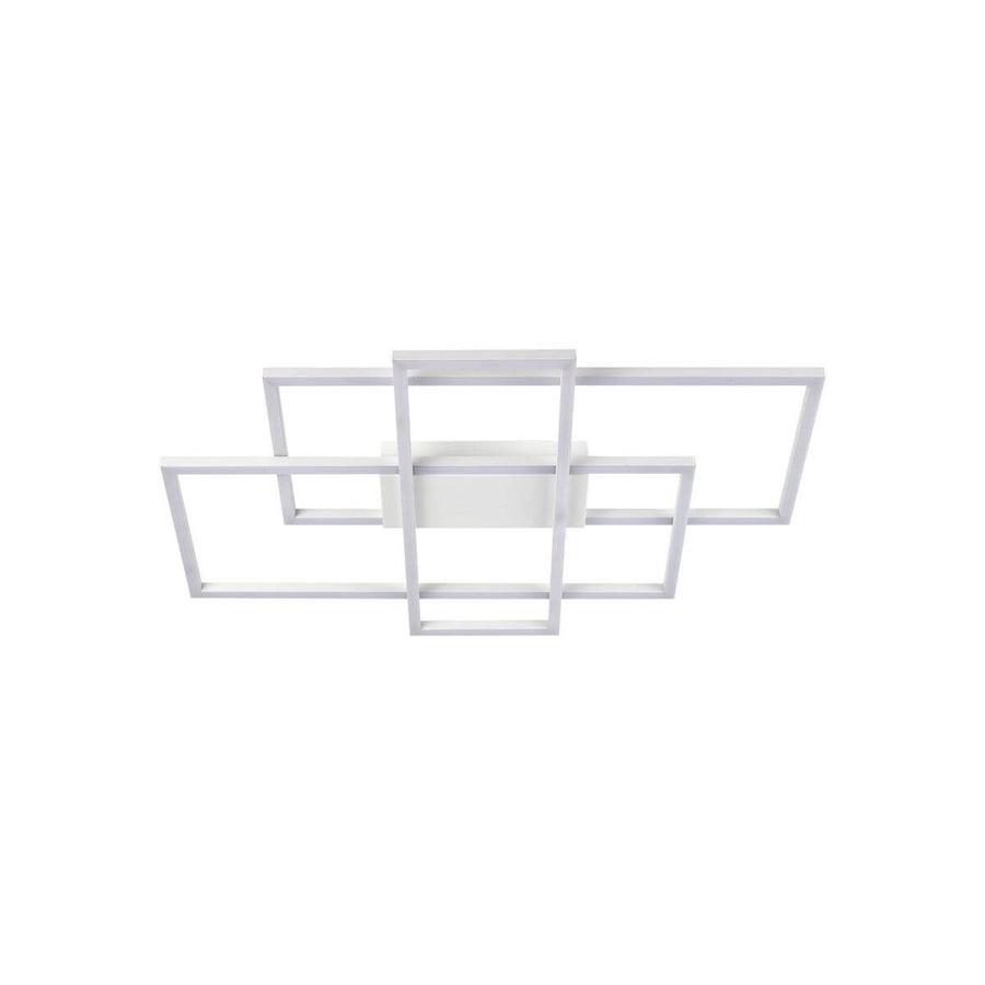 Vue en perspective du luminaire blanc montrant les cadres rectangulaires croisés