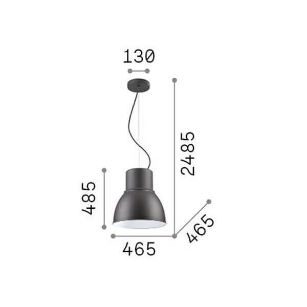 Schéma coté du luminaire : hauteur 48,5 cm, diamètre 46,5 cm et rosace 13 cm