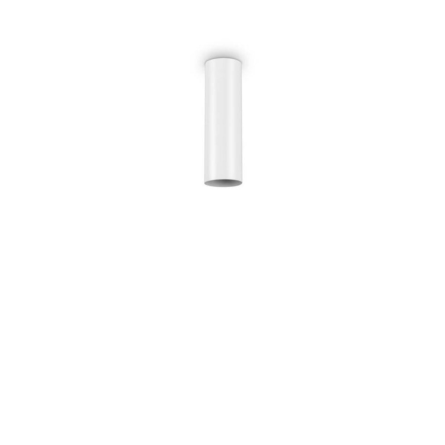 Luminaire cylindrique blanc de face sur fond neutre, montrant sa forme tubulaire.