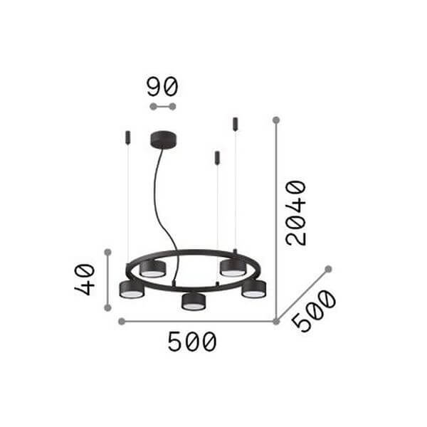 Schéma coté du luminaire : diamètre 500 mm, hauteur 2040 mm, rosace 90 mm