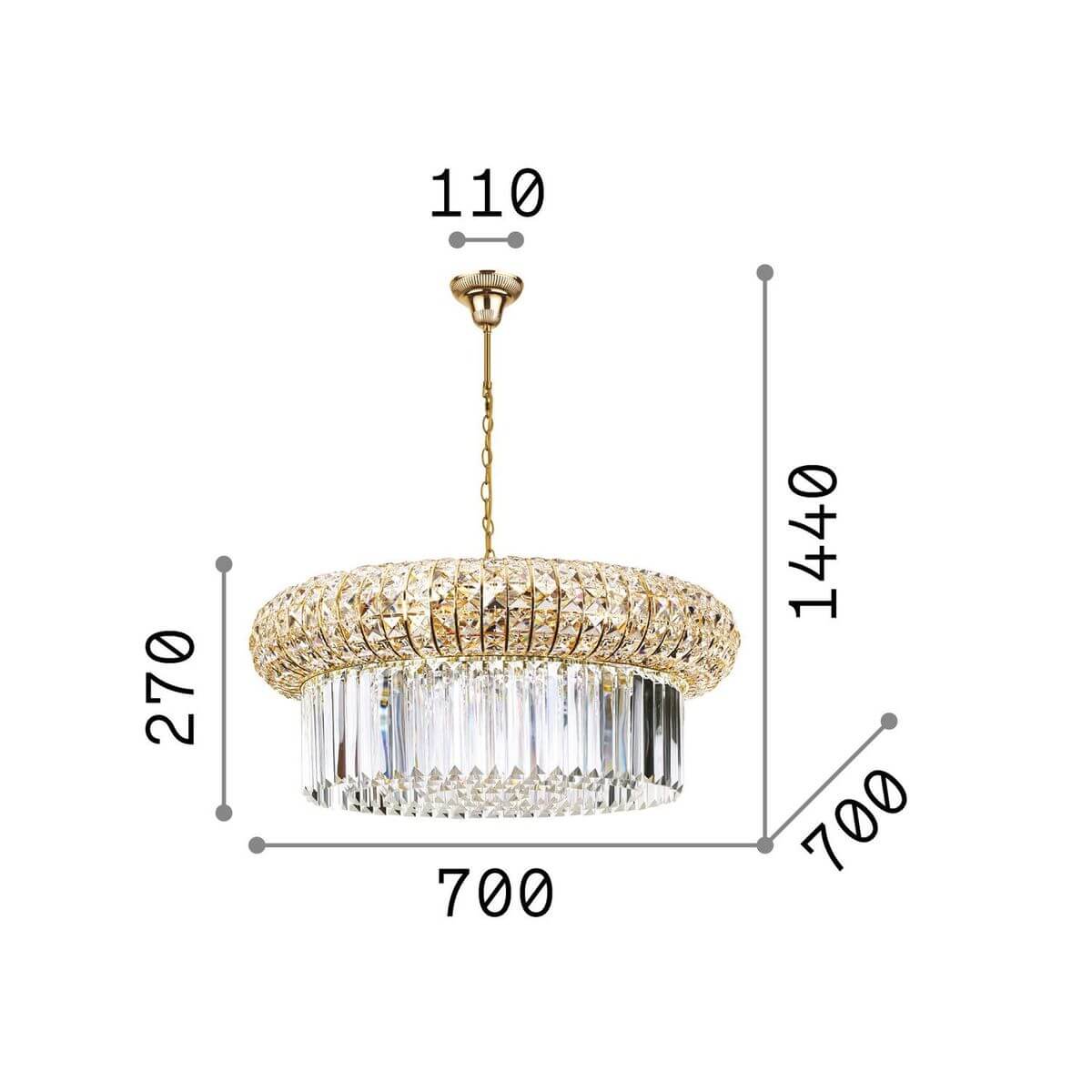 Schéma coté du luminaire indiquant hauteur totale 1440, diamètre 700 et hauteur du corps 270