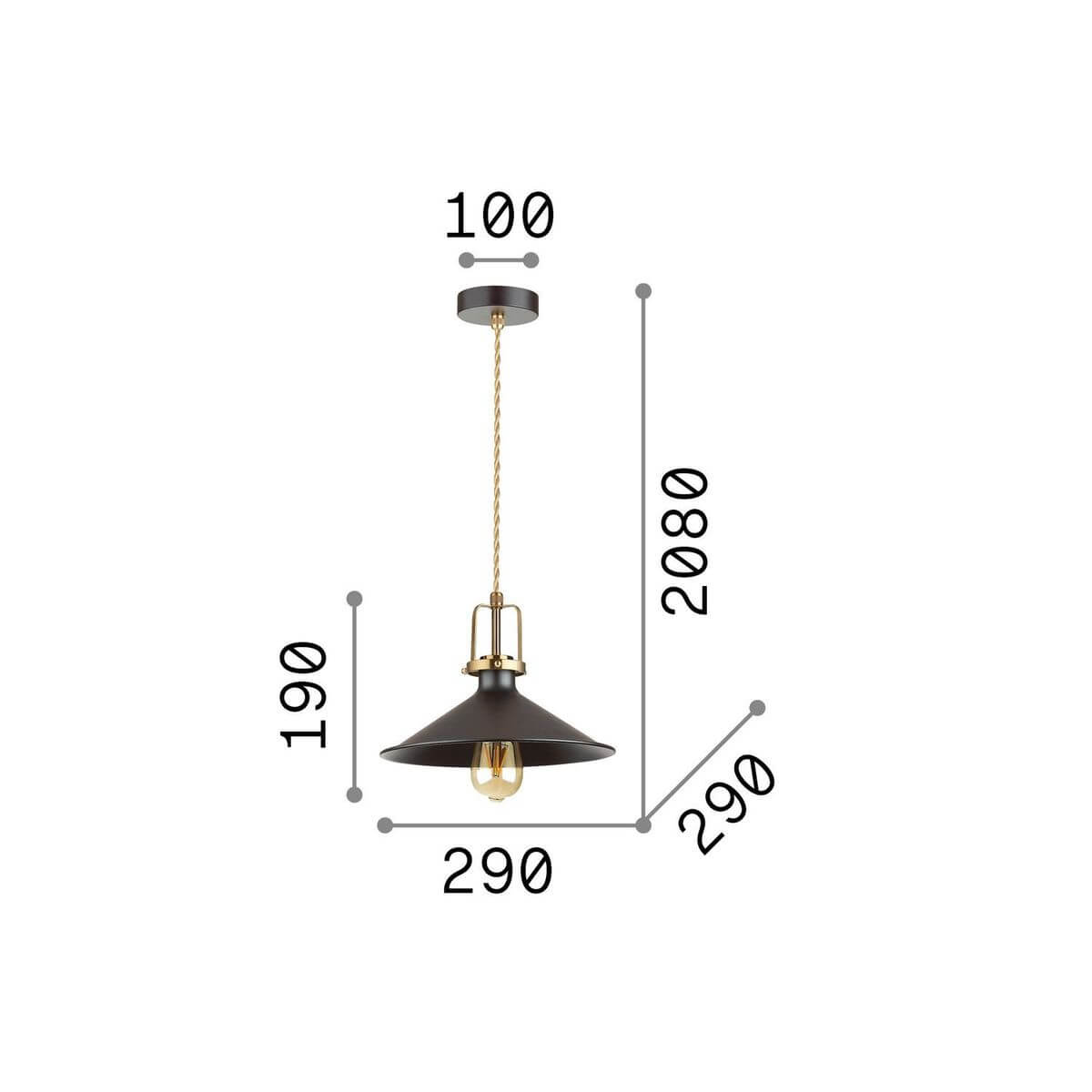 Schéma technique coté du luminaire, dimensions 290 mm de diamètre et 2080 mm de hauteur