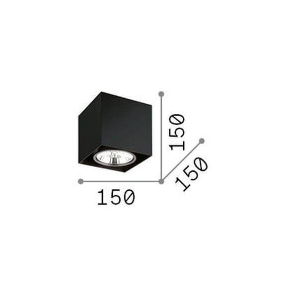 Schéma de dimensions du plafonnier carré : 150 mm de côté et de hauteur