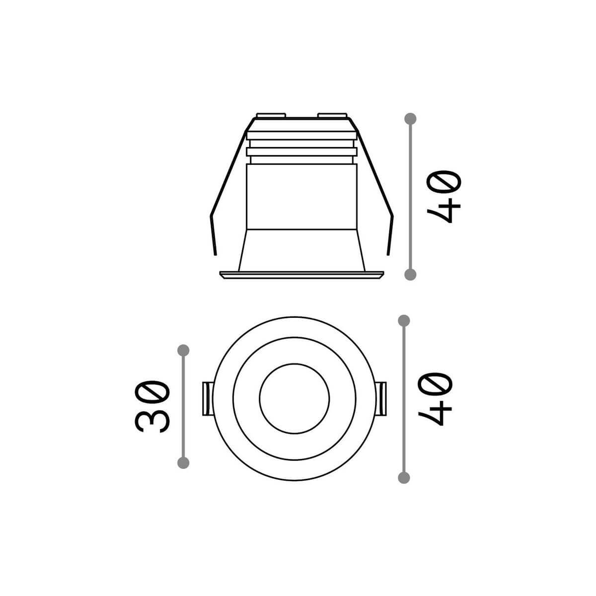 Schéma technique coté montrant diamètre 40 mm et encastrement 30 mm du spot