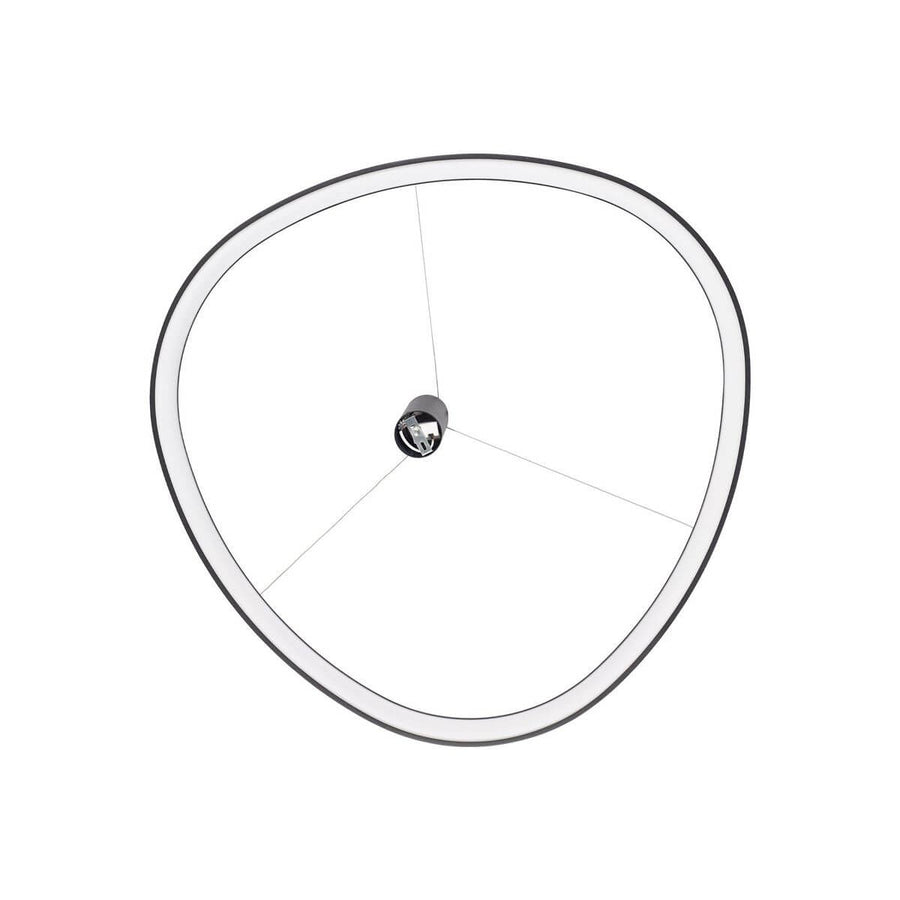 Vue de dessous du luminaire montrant diffuseur blanc et câbles fins