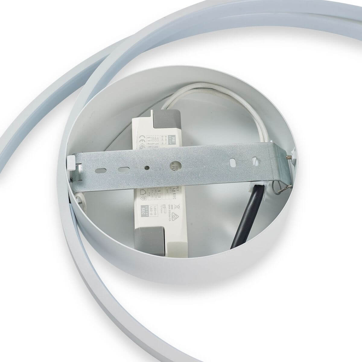 Détail de l'arrière avec driver LED, platine de fixation métallique et vis
