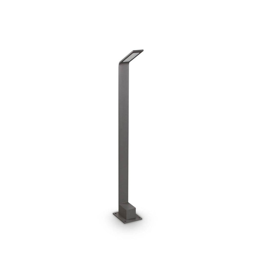 Lampadaire extérieur anthracite de face sur fond blanc, structure fine et base plate.