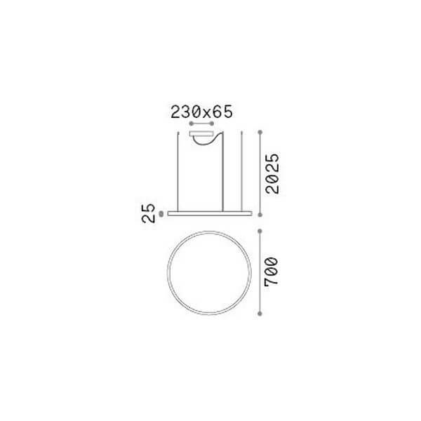 Schéma technique coté du luminaire : diamètre 700 mm et hauteur de suspension 2025 mm