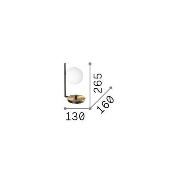Schéma de dimensions de la lampe avec hauteur 265, largeur 130 et profondeur 160.