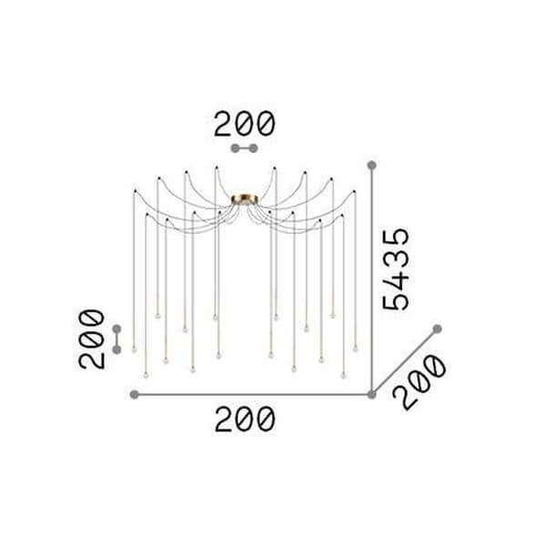 Schéma technique coté en centimètres, structure de la suspension et hauteur des câbles.