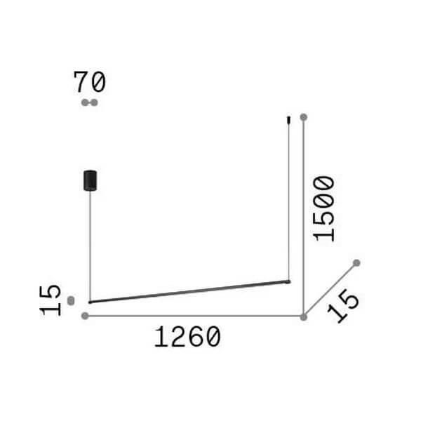 Schéma technique coté du luminaire avec mesures 1500, 1260, 15 et 70.