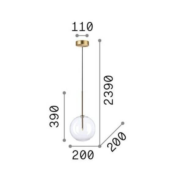 Schéma coté du luminaire : hauteur 2390 mm, diamètre globe 200 mm, rosace 110 mm