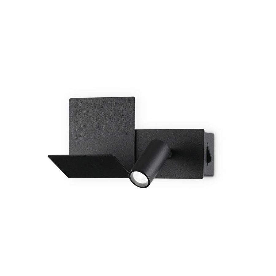 Vue de face du luminaire mural noir à plaques décalées et projecteur cylindrique orientable