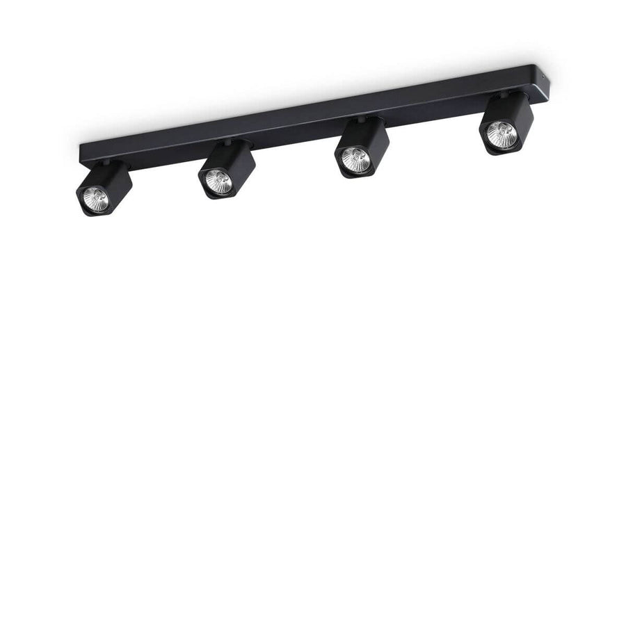 Vue de face sur fond blanc du plafonnier noir à quatre spots orientables alignés