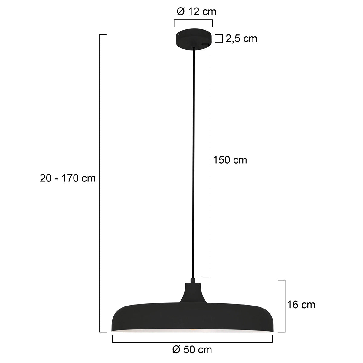 Dimensions : abat-jour Ø50 cm, hauteur 16 cm, câble réglable 20-170 cm