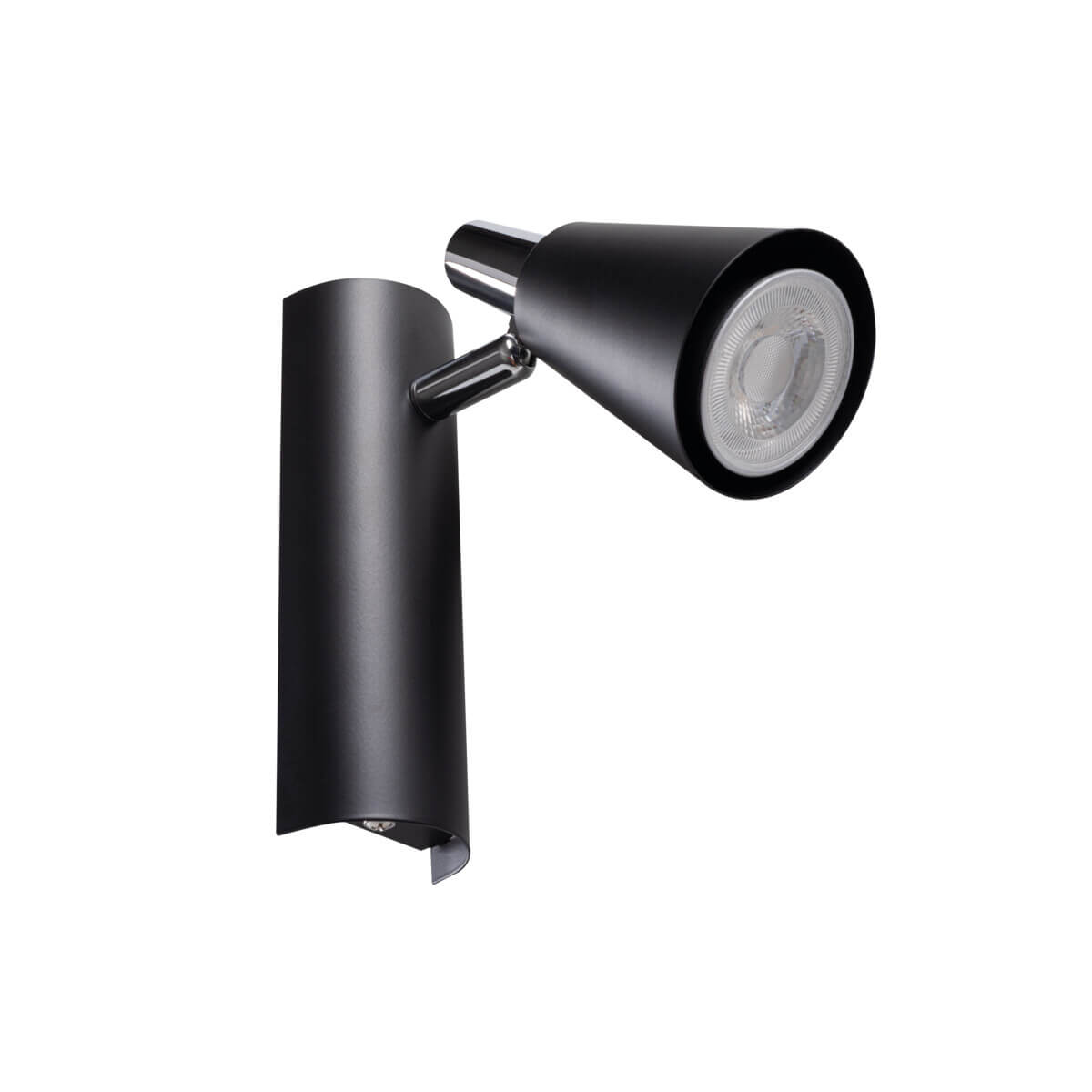Profil du luminaire mural montrant le support incurvé et la tête orientable.