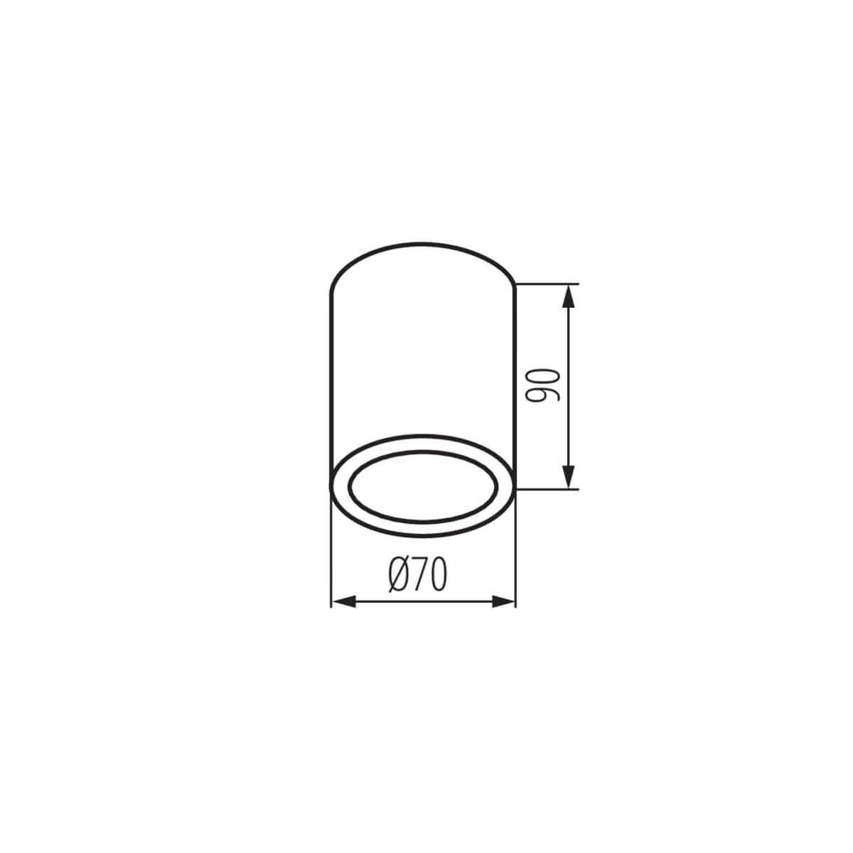Schéma technique coté du spot cylindrique, diamètre 70 et hauteur 90