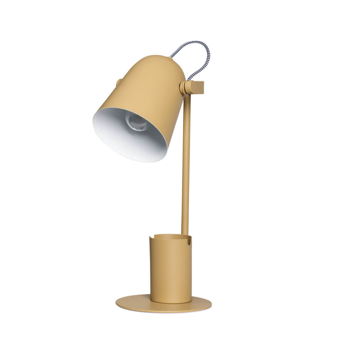 Vue de face de la lampe, abat-jour incliné et douille visible à l'intérieur.