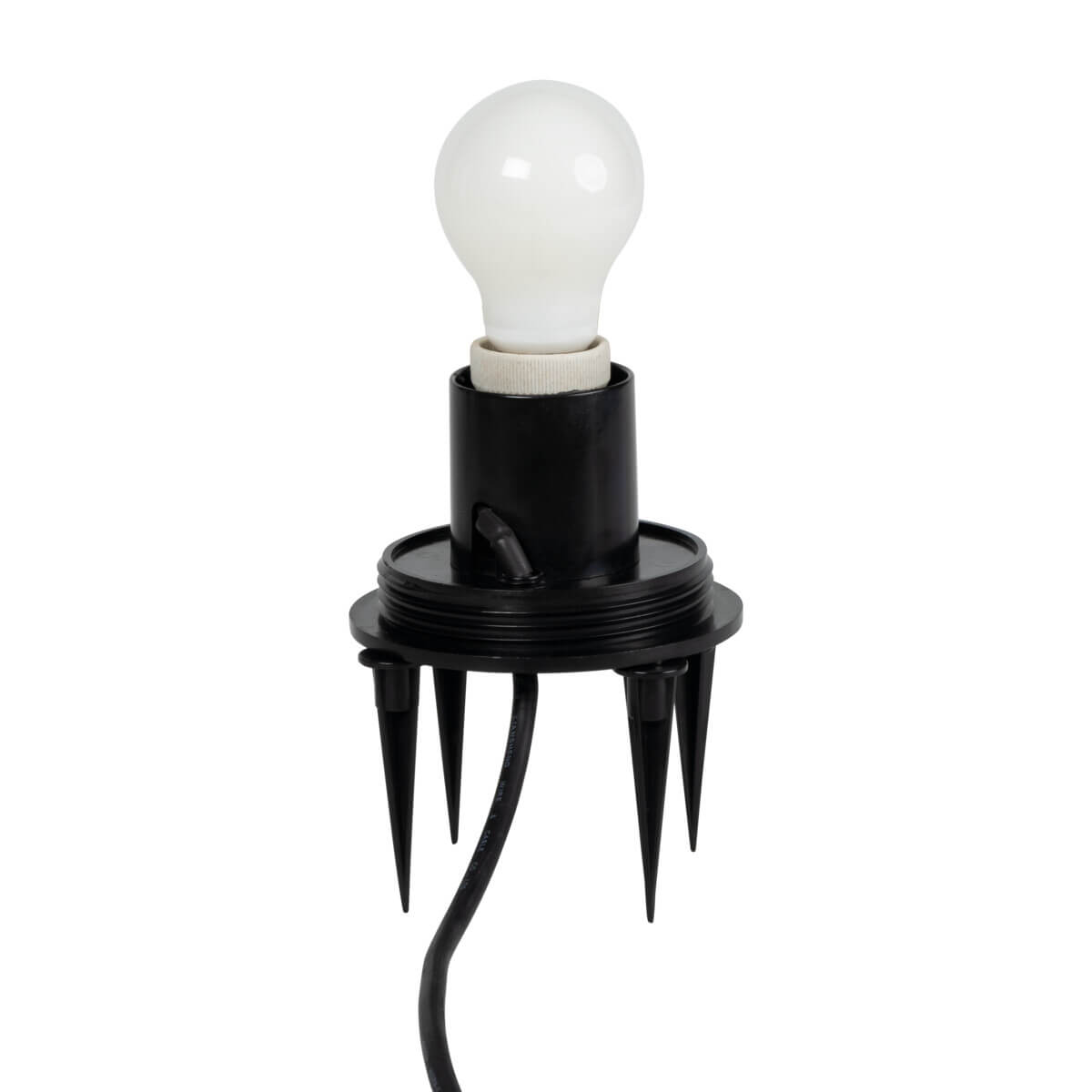 Ampoule blanche vissée dans la douille et support à piquets pour installation extérieure.