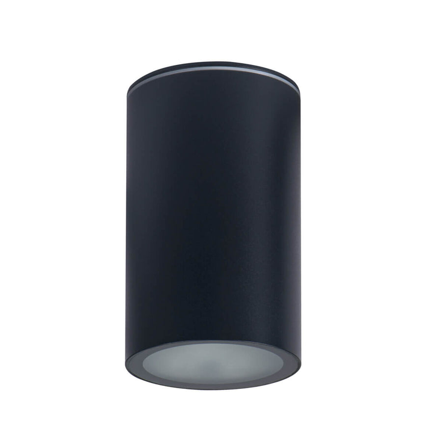 Spot cylindrique anthracite de face sur fond blanc, ouverture lumineuse visible.