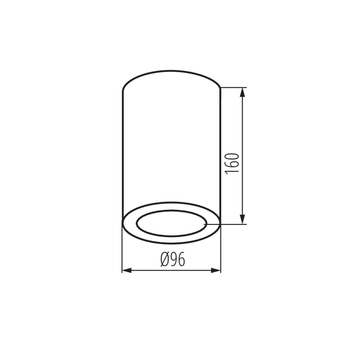 Schéma de dimensions du spot cylindrique : hauteur 160 mm et diamètre 96 mm.