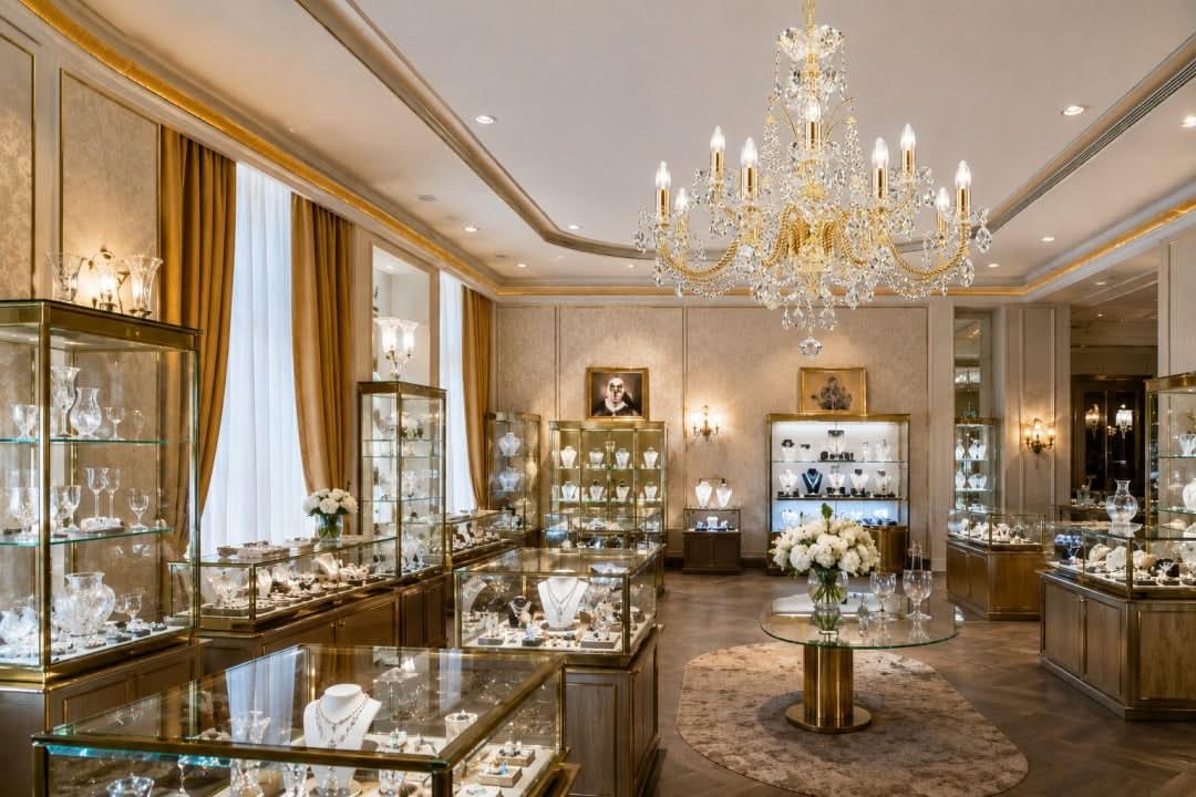 Lustre en cristal doré installé dans une bijouterie raffinée, mise en ambiance