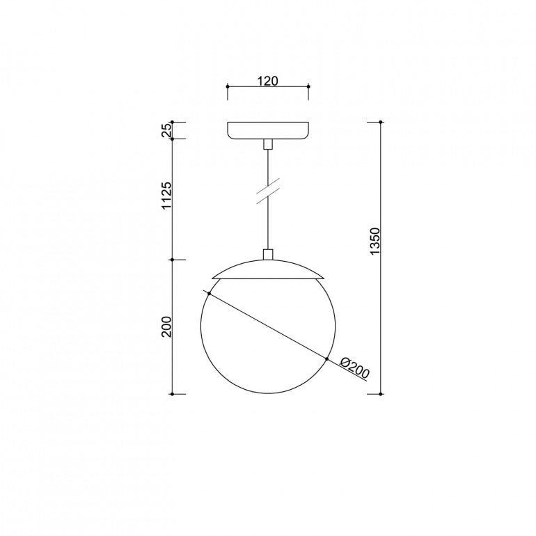 Schéma coté : diamètre 200 mm, hauteur totale 1350 mm du luminaire