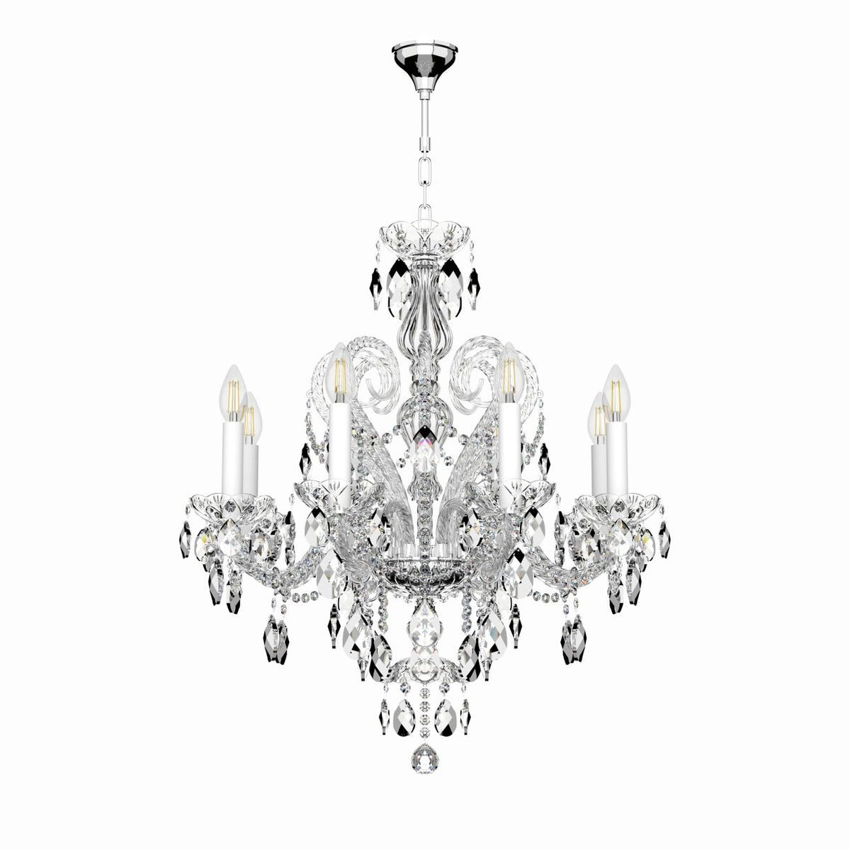 Lustre en cristal, vue de face sur fond blanc, ampoules éteintes et pendeloques visibles.