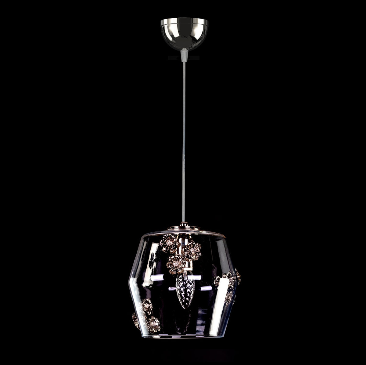 Même suspension en finition chrome poli, verre transparent et fleurs cristal scintillantes