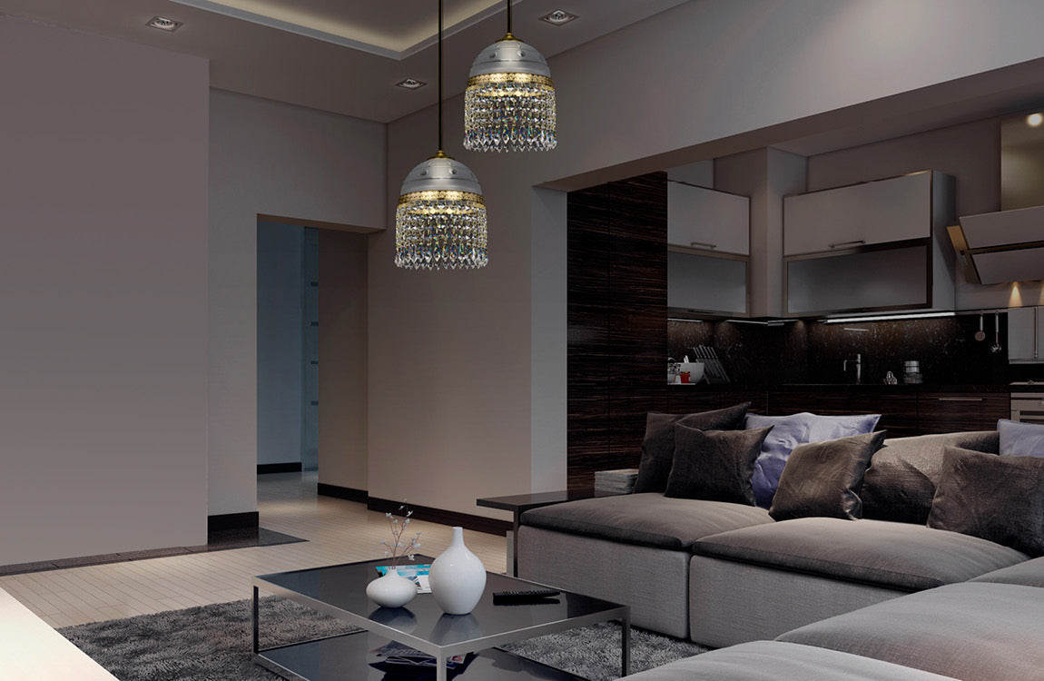Deux luminaires fixés au plafond d'un séjour moderne, canapé et cuisine