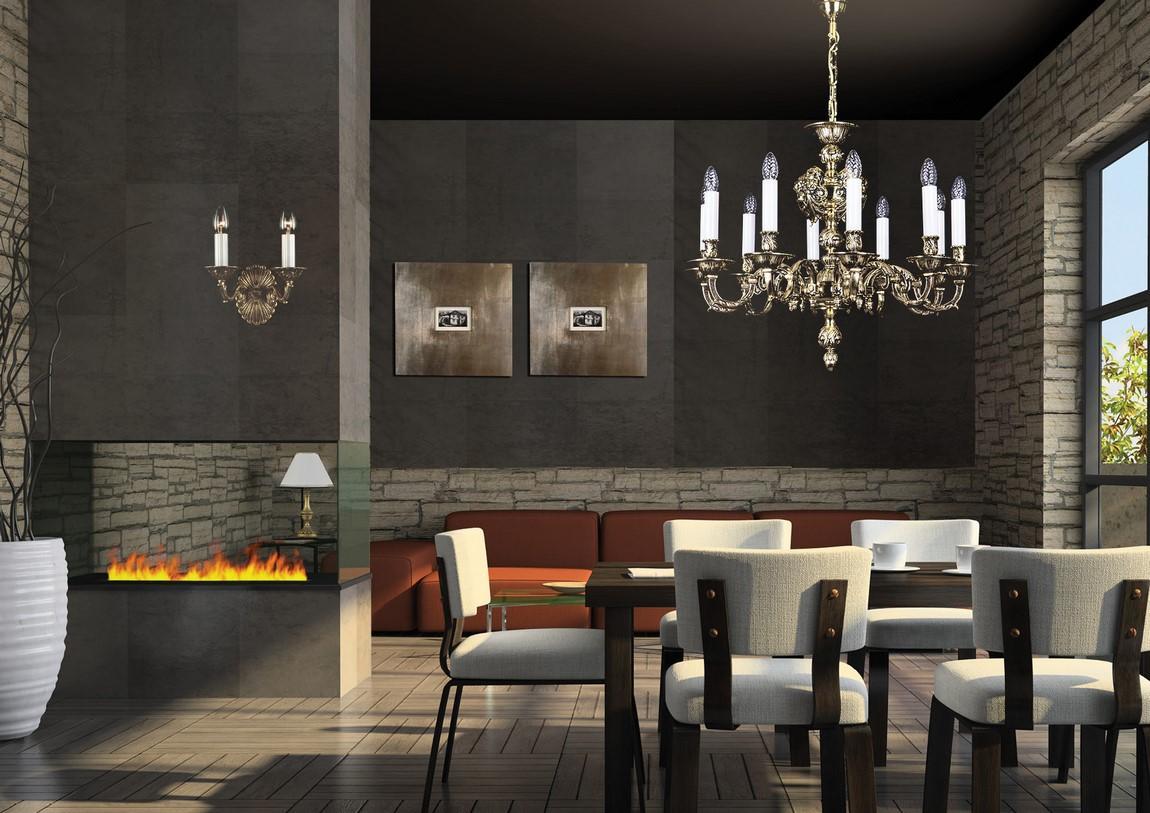 Mise en ambiance dans une salle à manger, lustre suspendu au-dessus d'une table avec foyer encastré