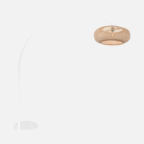Lampadaire arc bambou tressé, grand abat-jour Ø60, salon | Suvani