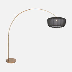 Lampadaire arc doré, abat-jour voile noir Ø 60 cm pour salon | Arvik