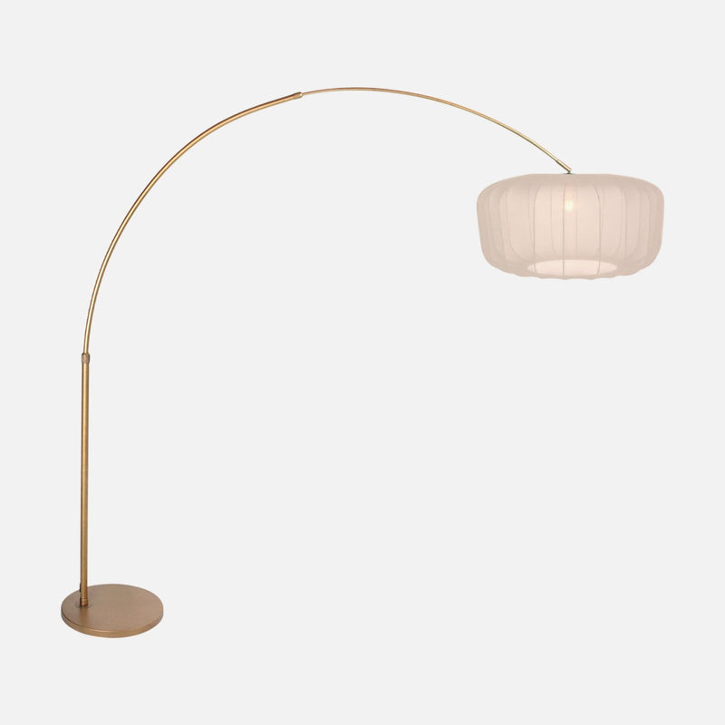 Lampadaire arc salon bronze, abat-jour plissé blanc Ø 60 | Sélva
