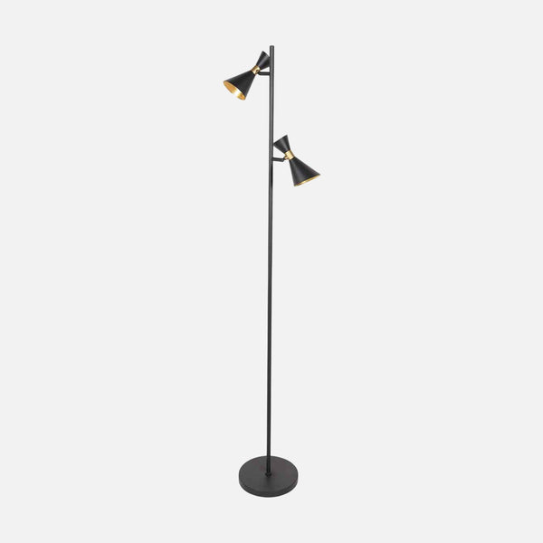 Lampadaire gu10 noir à 2 spots orientables, abat-jour diabolo & laiton | Preto