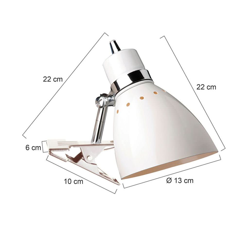 Schéma coté montrant les dimensions de la lampe et de sa pince.