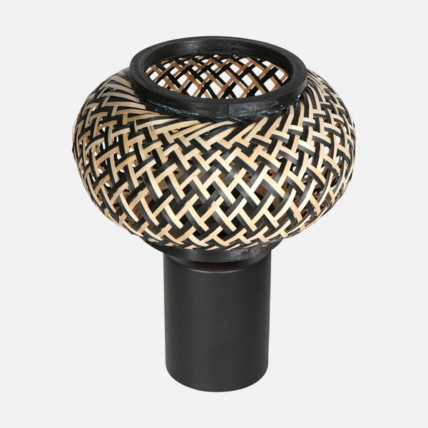 lampe à poser bambou tressé, abat-jour boule & base noire | Bloeba