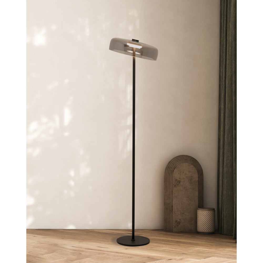 Lampadaire allumé devant un mur clair, ombres de feuillage projetées autour