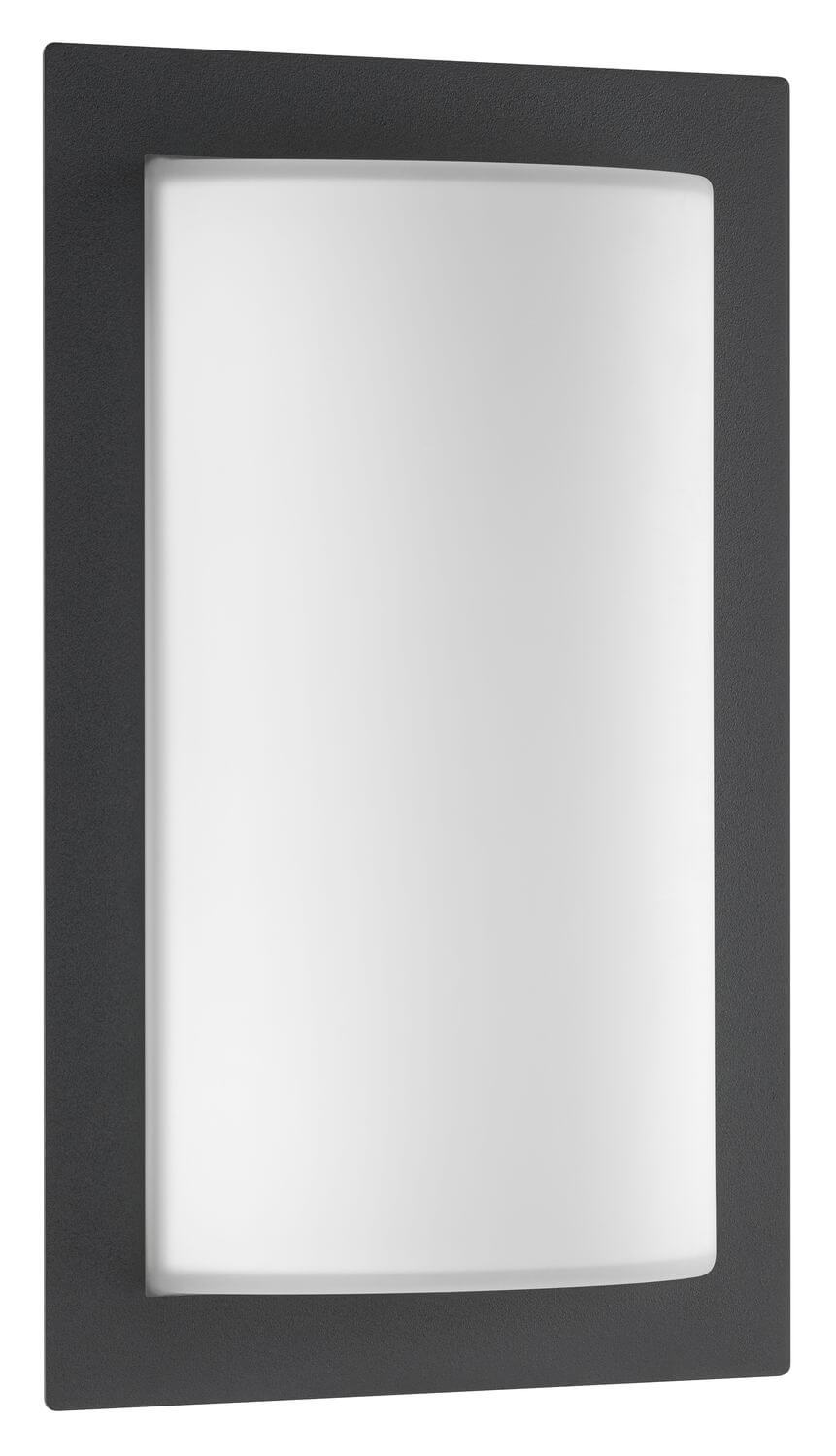 Vue de face de l'applique extérieure rectangulaire avec cadre anthracite et diffuseur blanc.