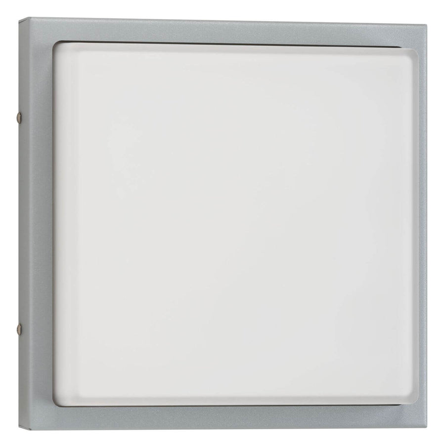 Face avant d'une applique murale carrée, cadre gris métallisé et diffuseur opalin blanc.